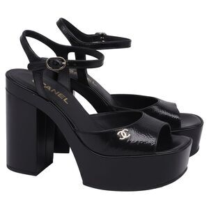Chanel CC Ankle Strap Platform Sandals in Black Patent Leather
